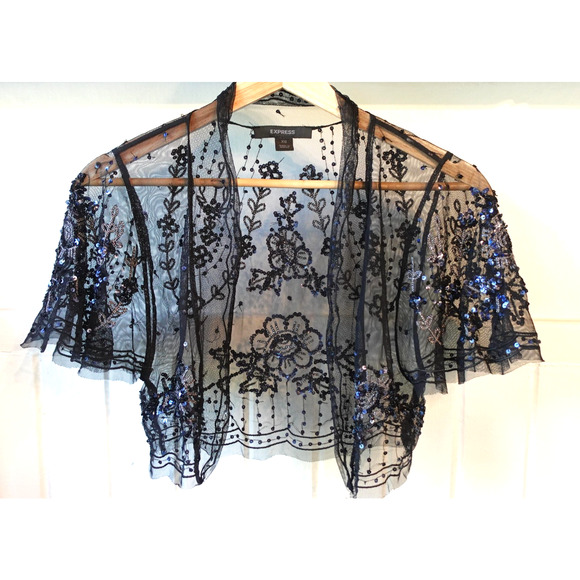 Vintage Y2K Sheer Sequin Mesh Shrug Womens XS Black Cropped Whimsigoth Fairy Top - Picture 1 of 8